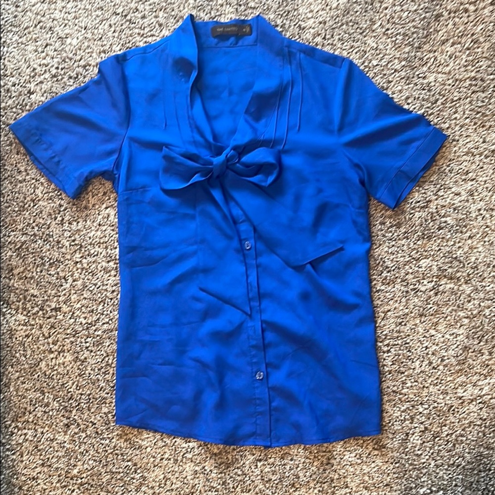 The Limited Blue Short Sleeve Button Down Shirt with Tie Front